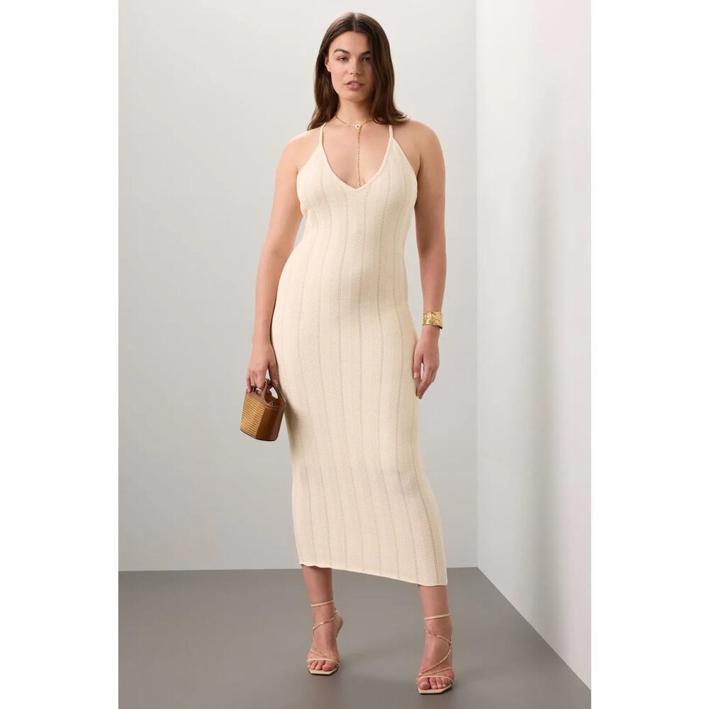 Ronny Kobo Crochet Knit Dress Chevron Stripe Sleeveless V-Neck Midi Off White XL
